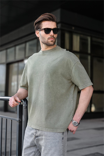 Haki %100 Pamuklu Oversize Erkek Tişört E7178