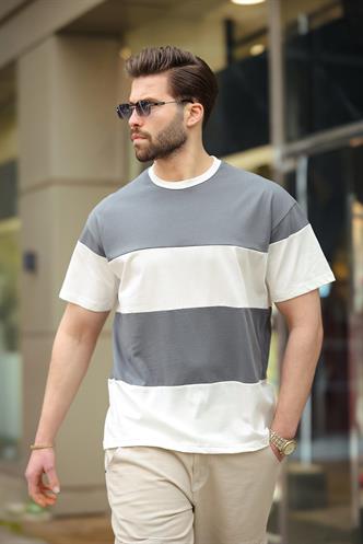 Füme Oversize Renk Bloklu Bisiklet Yaka Tişört 7020