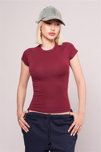 Bordo Bisiklet Yaka Basic Kadın T-shirt Mg2479