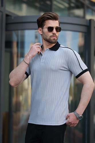 Boyalı Gri Desenli Polo Yaka Triko Erkek Tişört E7155