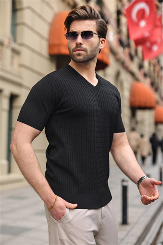Siyah V Yaka Kısa Kollu Triko Erkek Tişört E7467