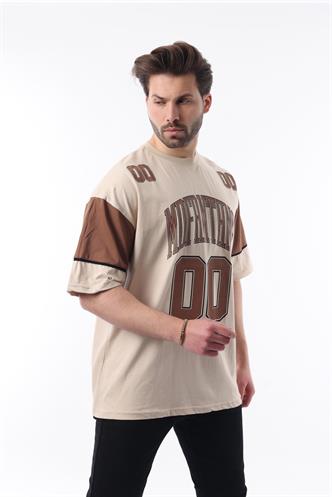 Bej Baskılı Pamuklu Oversize Erkek T-shirt 7035