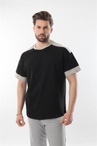 Siyah Omzu Şerit Detaylı Erkek T-shirt E7125