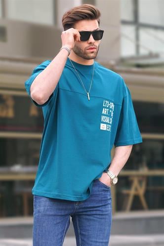 Petrol Mavisi  Oversize Baskılı Erkek Tişört 6193