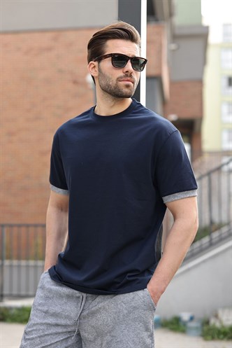 Lacivert %100 Pamuklu Bisiklet Yaka Şort Tişört Takım E7359