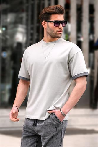 Boyalı Gri Oversize Bisiklet Yaka Tişört 6184