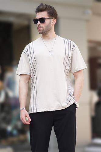 Bej Bisiklet Yaka Pamuklu Gri Renk Detaylı Overfit Tişört 7038