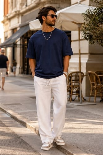 Erkek Lacivert Oversize Fit Basic Tişört 6066