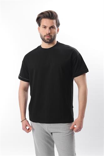 Siyah Bisiklet Yaka Çoban Dikişli Overfit Erkek T-shirt E7103