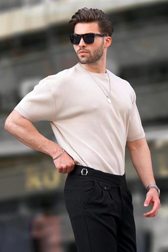 Bej Bisiklet Yaka Kısa Kollu Triko Erkek Tişört 6899