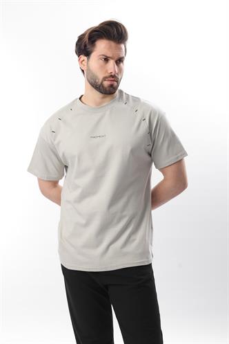 Boyalı Gri Baskılı Nakış Detaylı Erkek T-shirt E7108