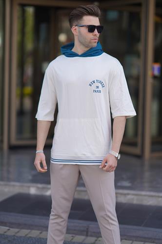 Ekru Kapüşonlu Erkek Tişört 6182