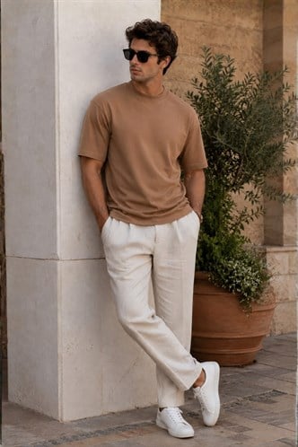 Erkek Vizon Oversize Fit Basic Tişört 6066