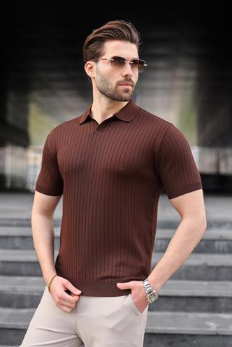 Kahverengi Polo Yaka Triko Erkek Tişört E7461