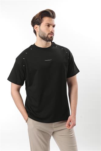 Siyah Baskılı Nakış Detaylı Erkek T-shirt E7108