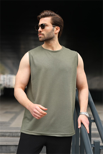 Haki Bisiklet Yaka Jakarlı Kolsuz Erkek Tişört E7180