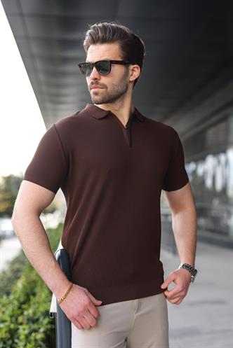 Kahverengi Yarım Fermuarlı Polo Yaka Triko Erkek Tişört E7459