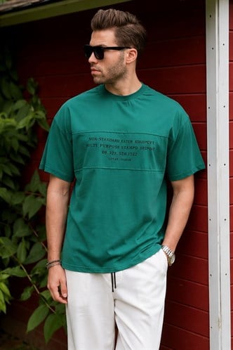 Koyu Yeşil Oversize Bisiklet Yaka Baskılı Erkek Tişört 7018