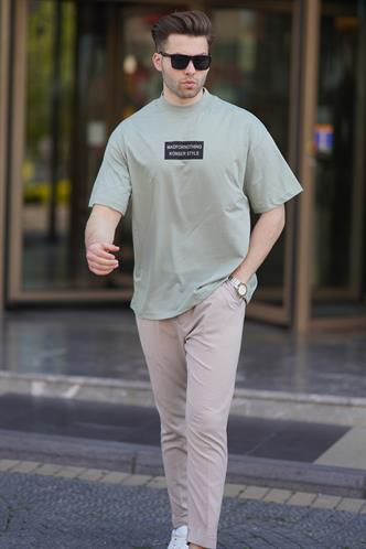 Çağla Yeşili Yalancı Dik Yaka Oversize Erkek Tişört 7005