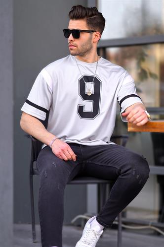 Gri Oversize Bisiklet Yaka Baskılı Tişört 6200