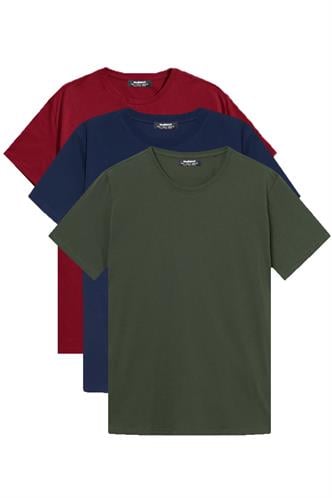Basic Erkek 3lü Çoklu Tişört Bordo,Lacivert,Haki 7011
