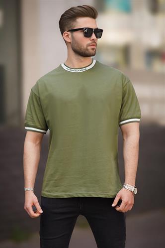 Haki Bisiklet Yaka ŞeritliTişört 7022