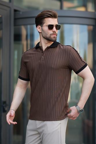 Kahverengi Desenli Polo Yaka Triko Erkek Tişört E7155