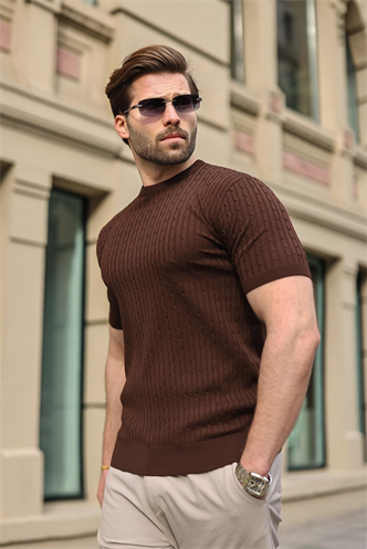 Kahverengi Bisiklet Yaka Triko Erkek Tişört E7468