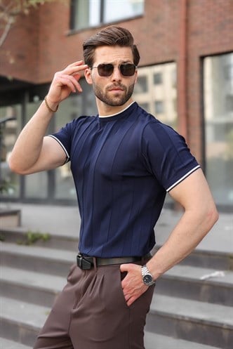 Lacivert Bisiklet Yaka Regular Fit Triko Erkek Tişört E7487