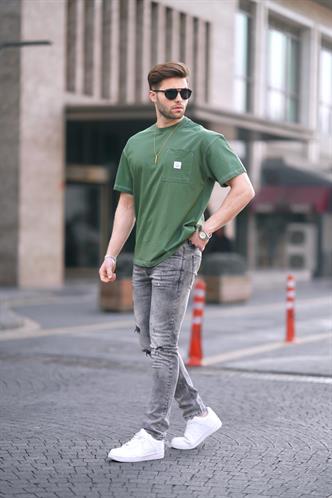 Haki Oversize Cep Detaylı Erkek Tişört 7001