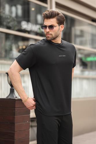 Siyah Nakış Detaylı Basic Erkek T-shirt E7106