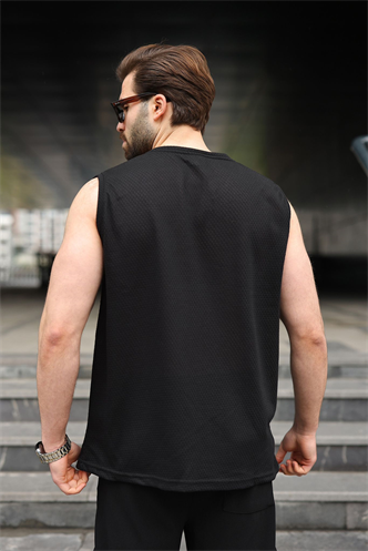 Siyah Bisiklet Yaka Jakarlı Kolsuz Erkek Tişört E7180