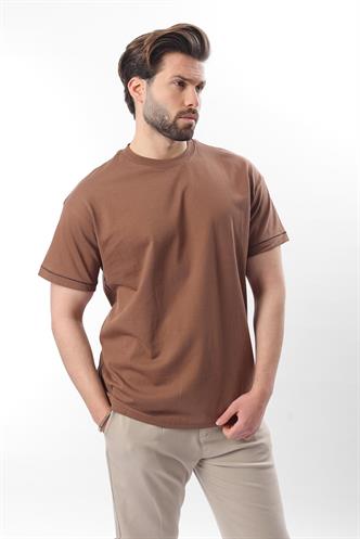 Kahverengi Bisiklet Yaka Çoban Dikişli Overfit Erkek T-shirt E7103