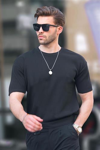 Siyah  Bisiklet Yaka Kısa Kollu Triko Erkek Tişört 6899