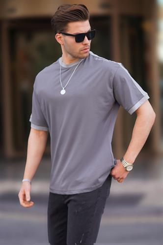 Erkek Füme Oversize Şerit Detaylı Basic Tişört 7023