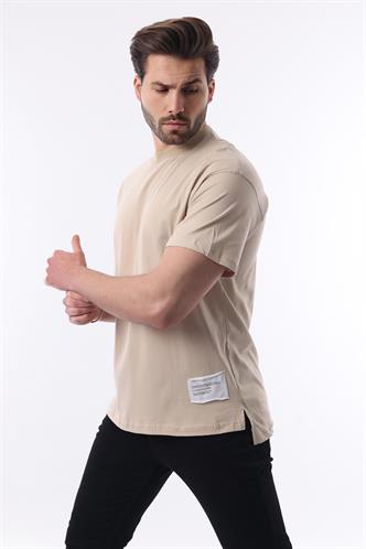 Bej Bisiklet Yaka Pamuklu Arma Deyatlı Overfit Tişört 7019