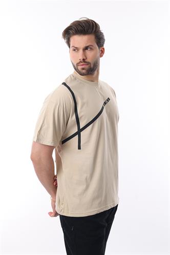 Bej Bisiklet Yaka Şerit Detaylı Pamuklu Erkek T-shirt E7033