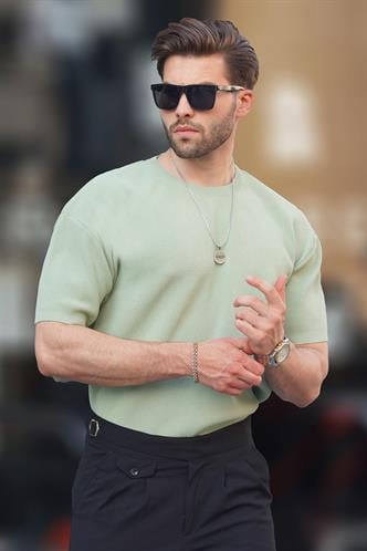 Çağla Yeşili Bisiklet Yaka Kısa Kollu Triko Erkek Tişört 6899