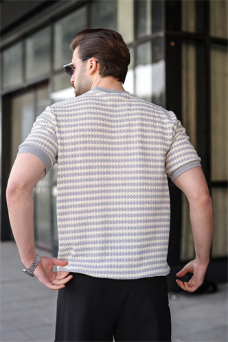 Boyalı Gri Jakarlı Bisiklet Yaka Erkek Tişört E7181