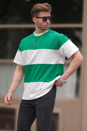 Yeşil Oversize Renk Bloklu Bisiklet Yaka Tişört 7020