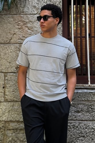 Boyalı Gri Bisiklet Yaka Basic Çizgili Erkek T-shirt E7102