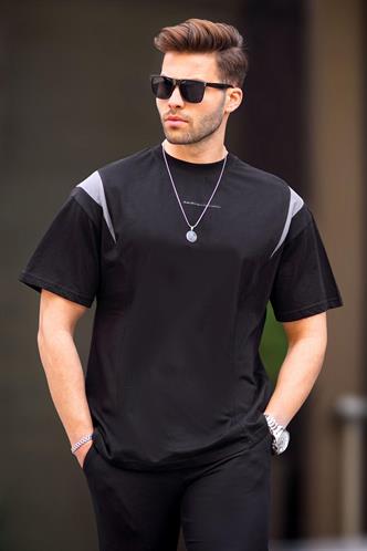 Siyah Oversize Bisiklet Yaka Tişört 7003