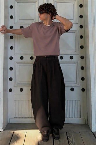 Erkek Kahverengi Oversize Fit Basic Tişört 6066