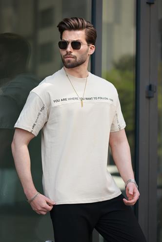 Bej Bisiklet Yaka Baskılı Basic Tişört E7156