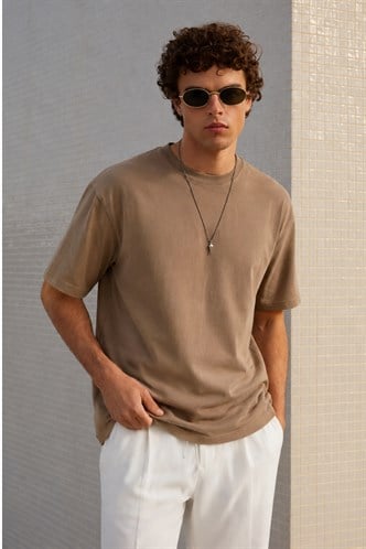 Erkek Kapuçino Oversize Fit Basic Tişört 6066