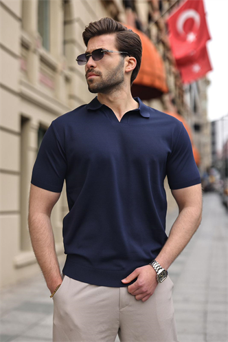 Lacivert Polo Yaka Triko Kısa Kollu Erkek Tişört E7463