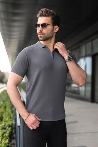Antrasit Yarım Fermuarlı Polo Yaka Triko Erkek Tişört E7459