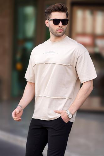 Bej Oversize Baskılı Bisiklet Yaka Tişört 7017