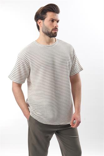 Gri Bisiklet Yaka Pamuklu Çizgili Erkek T-shirt E7121