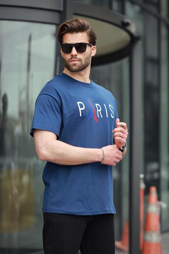 Lacivert %100 Pamuklu Baskılı Erkek Tişört E7146